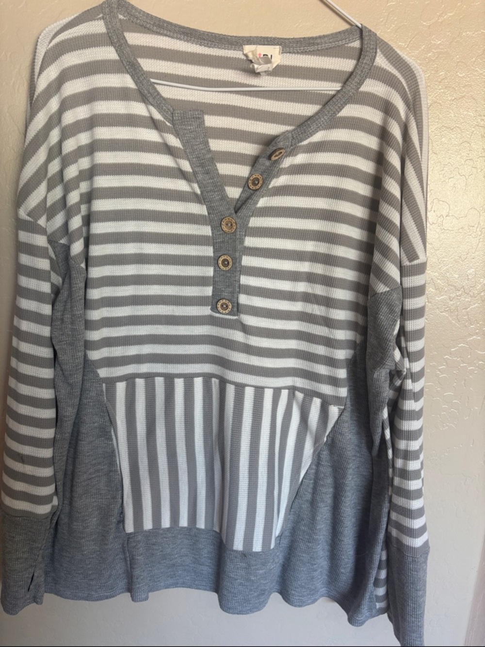 BiBi Gray and White Striped Henley Pullover